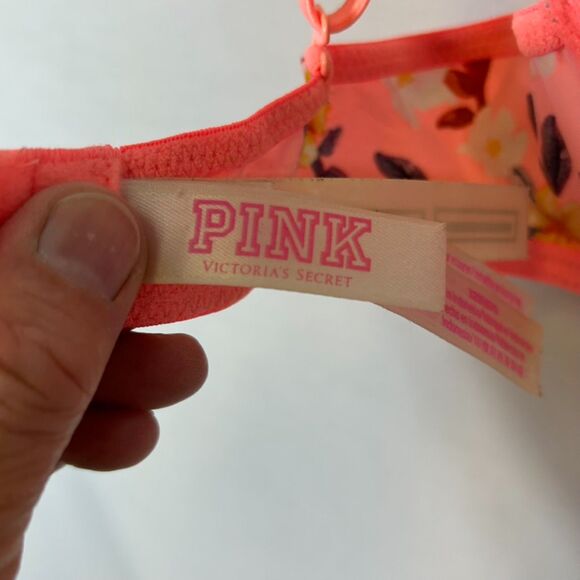 PINK Wear Everywhere Peach Multicolored Floral Underwire Lined T-Shirt Bra 32B - Picture 9 of 12